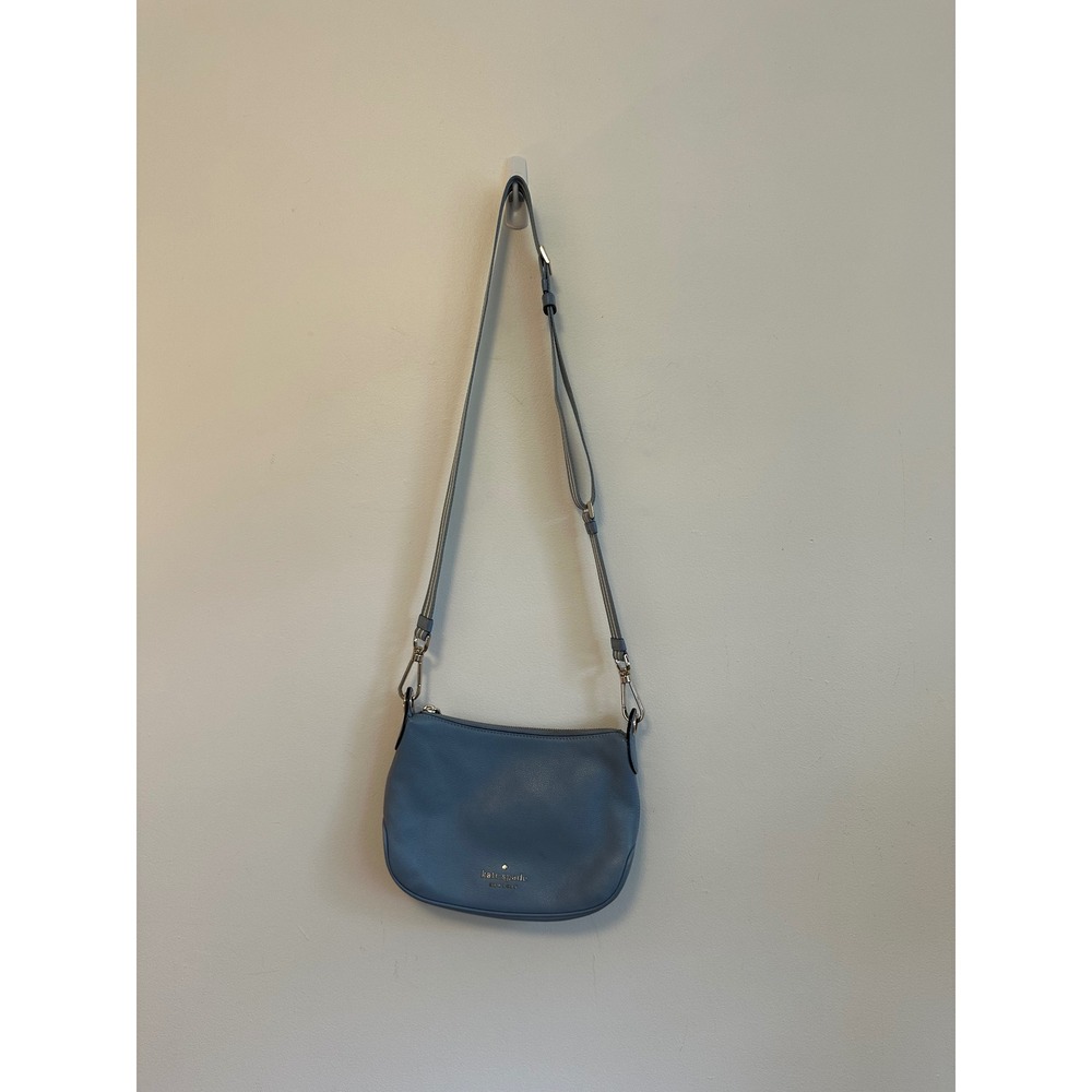Kate Spade Light Blue Pebbled Leather Crossbody Bag with Striped Strap